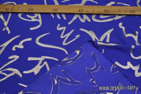 Шелк атлас с люрексом (н) серебряный орнамент на синем - итальянские ткани Тессутидея арт. 10-3782