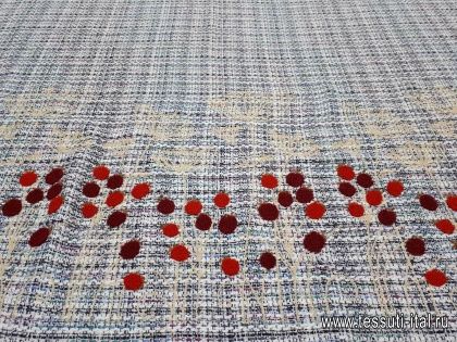 Шанель с вышивкой (н) укроп и ягоды на сине-бело-бирюзовом  - итальянские ткани Тессутидея арт. 03-5581