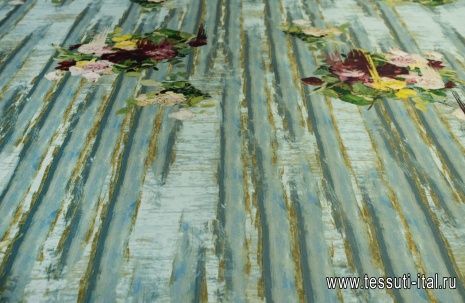Плательная (н) цветочный орнамент на сине-зелено-коричневой стилизованной полоске - итальянские ткани Тессутидея арт. 03-5927