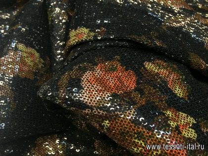 Трикотаж с пайетками (н) оранжево-зеленыйцветочный орнамент на черном - итальянские ткани Тессутидея арт. 13-1299