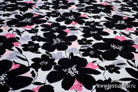Микровельвет (н) крупные черно-розовые цветы на светло-сером - итальянские ткани Тессутидея арт. 01-5520