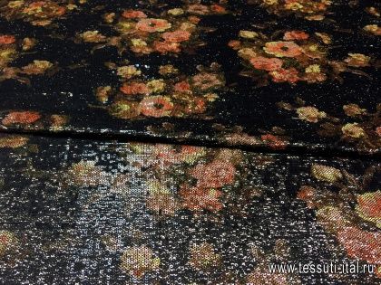 Трикотаж с пайетками (н) оранжево-зеленыйцветочный орнамент на черном - итальянские ткани Тессутидея арт. 13-1299