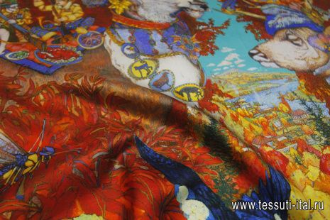 Шелк купон-платок 90*90см с бирюзовым бордюром - итальянские ткани Тессутидея арт. F-6847