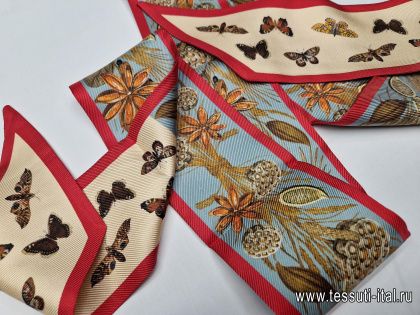 Шелк купон-твилли (н) бабочки и растительный рисунок с красной полосой - итальянские ткани Тессутидея арт. F-6495