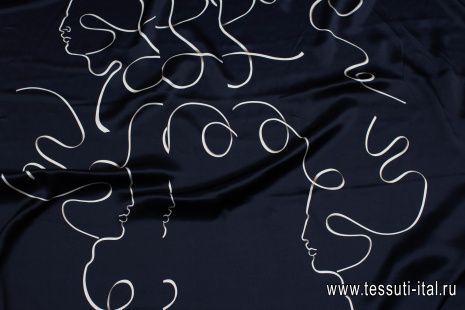 Шелк атлас (н) белая абстракция на темно-синем - итальянские ткани Тессутидея арт. 10-3443