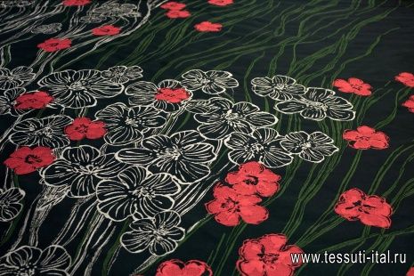 Органза (н) красно-серо-зеленый цветочный орнамент на черном в стиле Ruffo Coli - итальянские ткани Тессутидея арт. 03-5968