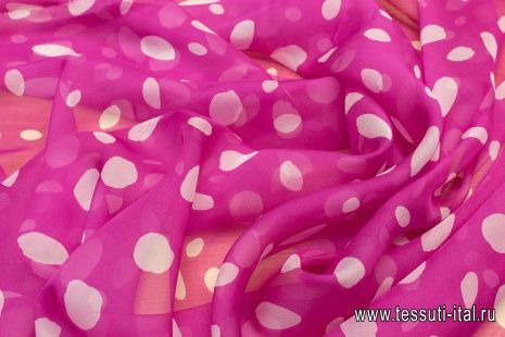 Шифон (н) белый стилизованный горох на розовом в стиле Saint Laurent - итальянские ткани Тессутидея арт. 02-8811