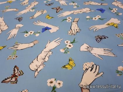 Сорочечная (н) орнамент из перчаток и бабочек на голубом в стиле Vivetta - итальянские ткани Тессутидея арт. 01-4940