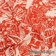 Крепдешин (н) белый растительно-животный рисунок на терракотовом - итальянские ткани Тессутидея арт. 10-2391