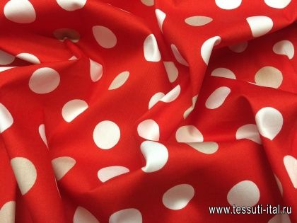 Плательная стрейч (н) бежево-белый горох на красном - итальянские ткани Тессутидея арт. 01-4118