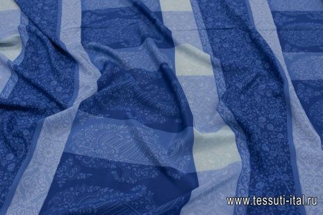Крепдешин (н) растительный рисунок на  сине-голубой геометрии Ratti - итальянские ткани Тессутидея арт. 10-2234