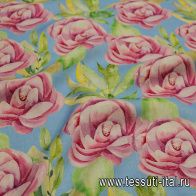 Лен (н) крупный розово-зеленый цветочный рисунок на голубом - итальянские ткани Тессутидея арт. 16-0863