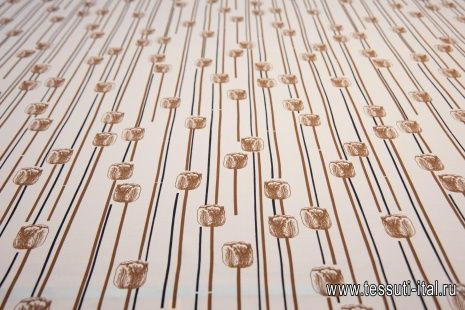 Крепдешин (н) коричневые тюльпаны на белом - итальянские ткани Тессутидея арт. 10-0928