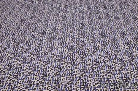 Сорочечная стрейч (н) синий геометрический орнамент на белом - итальянские ткани Тессутидея арт. 01-4129