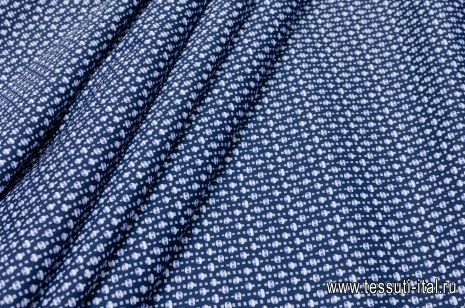 Хлопок стрейч (н) бело-голубой геометрический орнамент на темно-синем - итальянские ткани Тессутидея арт. 01-5052