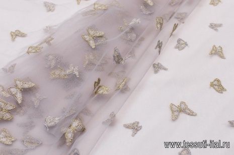 Плательная сетка с вышивкой (н) серебрянно-золотые бабочки из люрекса на светло-сером - итальянские ткани Тессутидея арт. 03-5783