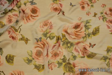 Шифон крэш (н) розы и бабочки на светло-сером - итальянские ткани Тессутидея арт. 10-3363