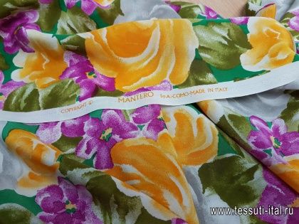 Крепдешин (н) желто-розово-зеленый цветочный орнамент - итальянские ткани Тессутидея арт. 02-6541