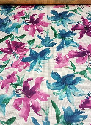 Плательная стрейч (н) сиренево-бирюзовый цветочный орнамент на клетке ш-150см - в интернет-магазине тканей Тессутидея арт. 03-3984