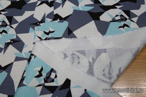 Плательная стрейч (н) черно-серо-голубой геометрический орнамент на белом - итальянские ткани Тессутидея арт. 01-3554