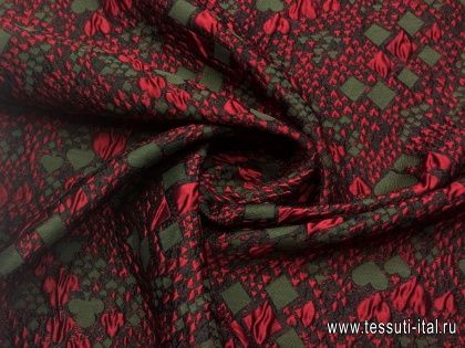 Жаккард матлассе (н) красно-зеленый орнамент на черном - итальянские ткани Тессутидея арт. 03-4589