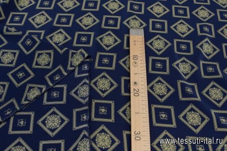 Крепдешин (н) бежевый геометрический орнамент на темно-синем в стиле Ralph Lauren - итальянские ткани Тессутидея арт. 10-2492