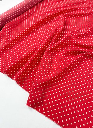 Крепдешин (н) светло-бежевый горох на красном - в интернет-магазине тканей Тессутидея арт. 10-4817