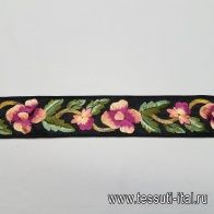 Тесьма с вышивкой (н) цветочный орнамент на черном ш-5,5см  - итальянские ткани Тессутидея арт. F-3479