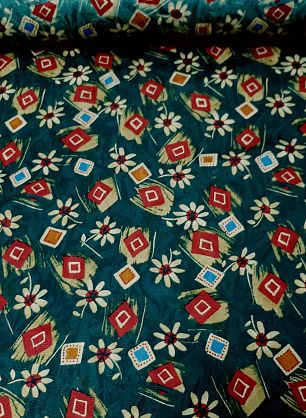 Шелк жаккард (н) красно-бежево-голубой орнамент на темно-зеленом - в интернет-магазине тканей Тессутидея арт. 02-6776