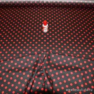 Шелк сатин стрейч (н) красный горох на черном - итальянские ткани Тессутидея арт. 02-4444