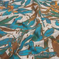 Лен (н) бирюзово-коричневый экзотический принт в стиле Ungaro - итальянские ткани Тессутидея арт. 16-0711