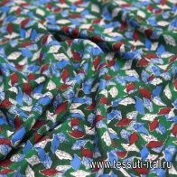 Крепдешин (н) сине-бело-бордовые листья на зеленом - итальянские ткани Тессутидея арт. 10-1402