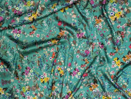 Шелк атлас стрейч (н) цветочный рисунок на бирюзовом - итальянские ткани Тессутидея арт. 10-3065
