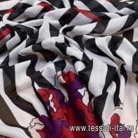 Батист (н) цветочный бордюр на черно-бело-красной полосе - итальянские ткани Тессутидея арт. 01-5262
