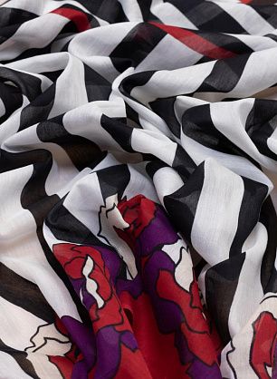 Батист (н) цветочный бордюр на черно-бело-красной полосе - в интернет-магазине тканей Тессутидея арт. 01-5262