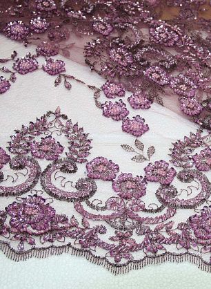 Кружево на сетке расшитое стеклярусом и паетками (о) розово-сиреневое с люрексом ш-130см - в интернет-магазине тканей Тессутидея арт. 03-3300