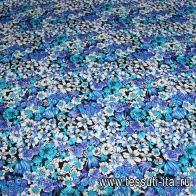 Трикотаж (н) бело-голубой цветочный орнамент на черном - итальянские ткани Тессутидея арт. 12-0542