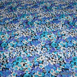 Трикотаж (н) бело-голубой цветочный орнамент на черном - итальянские ткани Тессутидея арт. 12-0542