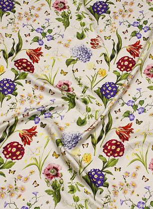 Шелк жаккард (н) цветочный рисунок и насекомые на белом - в интернет-магазине тканей Тессутидея арт. 10-4214
