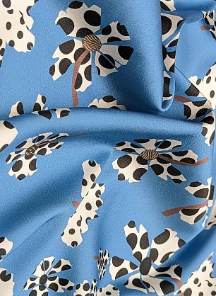 Шелк атлас стрейч (н) стилизованные цветы в горох на голубом - в интернет-магазине тканей Тессутидея арт. 10-3050