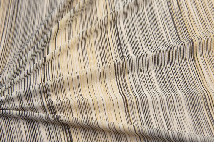 Трикотаж хлопок (н) желто-бежево-коричневая полоска в стиле Missoni - итальянские ткани Тессутидея арт. 12-0963