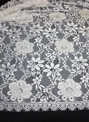 Кружевное полотно расшитое жемчугом и паетками (о) айвори ш-110см - в интернет-магазине тканей Тессутидея арт. 03-2856