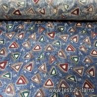 Шелк жаккард (н) стилизованные треугольники на синем   - итальянские ткани Тессутидея арт. 02-6733