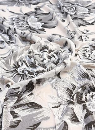 Крепдешин деворе (н) крупные серо-черно-серебрянный цветы на айвори - в интернет-магазине тканей Тессутидея арт. 10-1362