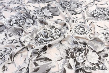 Крепдешин деворе (н) крупные серо-черно-серебрянный цветы на айвори - итальянские ткани Тессутидея арт. 10-1362
