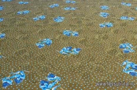 Жаккард дабл (н) белый/синий цветочный орнамент и голубой горох на коричневом - итальянские ткани Тессутидея арт. 03-5928