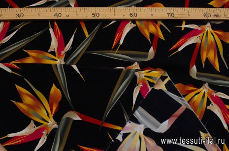 Шелк кади (н) желто-красно-оранжевый цветочный рисунок на черном - итальянские ткани Тессутидея арт. 10-3440