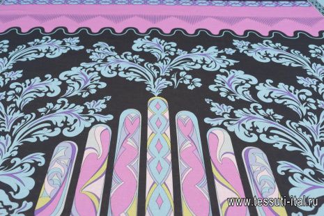 Лен купон (1,4м) (н) черно-розово-голубой растительно-геометрический орнамент - итальянские ткани Тессутидея арт. 16-0774