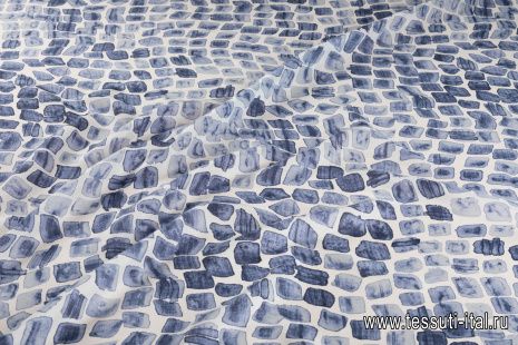 Крепдешин (н) синяя геометрическая абстракция на белом - итальянские ткани Тессутидея арт. 10-2713