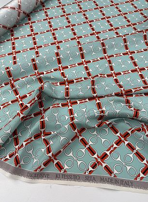 Шелк атлас стрейч (н) черно-бело-оранжевый рисунок на тиффани - в интернет-магазине тканей Тессутидея арт. 10-4866